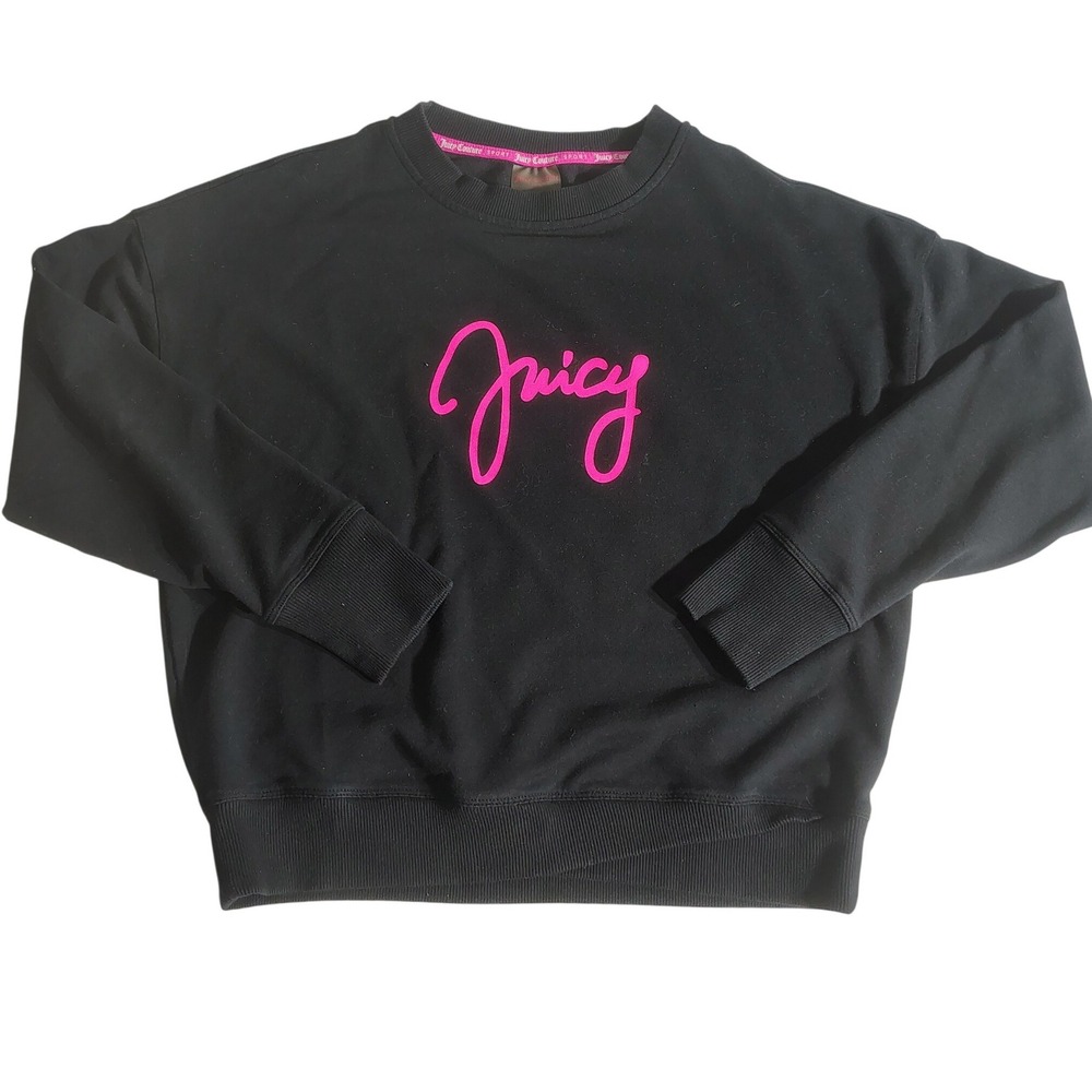 Juicy Couture Sport Sweatshirt Black Pink Script Logo‎ Thumbhole Cuffs Pullover